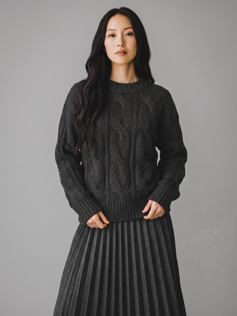 American Eagle Outfitters Dark Charcoal Cable Crewneck Sweater